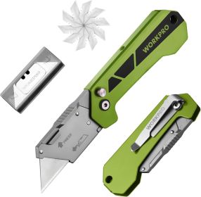 Box Cutter, Utility Knife Quick Change Blade Razor Knife, Folding Pocket Knife with Belt Clip and Axis Lock, 10 Extra Blades Included, Green