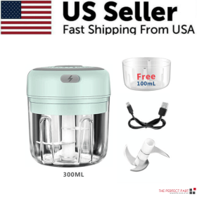 Electric 300ML Garlic Press Chopper Chili Onion Fruits Meat Mincer Blender Mixer (Model: Green)