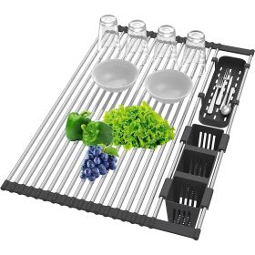 Extra Large Stretchable Roll Up Dish Drying Rack with 2 Removable Utensil Baskets Foldable Over Sink Stainless Steel Dish Drying Rack 12.59in to (Color: Black, size: One size)